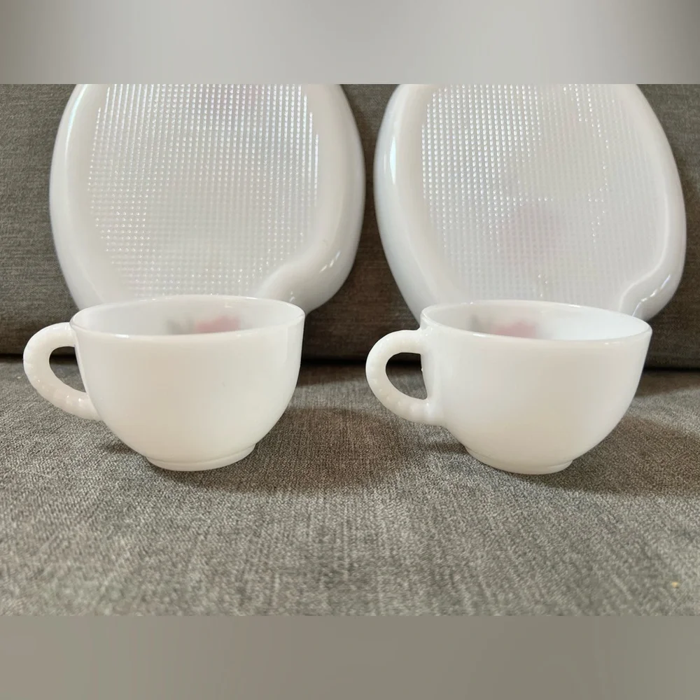 Tea Cup and Plate White Federal Milk Glass Red Rose‎ Vintage